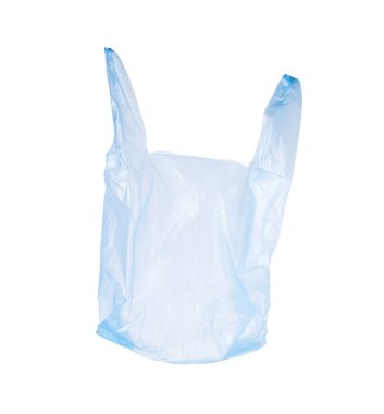 Bir açık mavi plastik çanta beyaza izole edilmiş.
