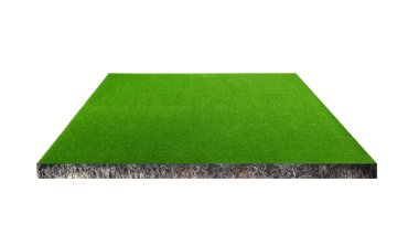 Topraklı yeşil çimen. Beyaz üzerine izole edilmiş kare şeklindeki kara parçası