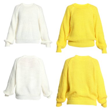 Beyaz, arkadan ve önden izole edilmiş farklı sıcak süveterler.