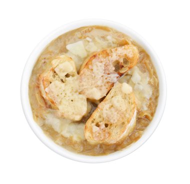 Lezzetli soğan çorbası kasede kızarmış ekmek, beyaz, üst manzara.