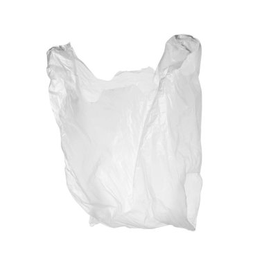 Beyaza izole edilmiş boş bir plastik torba.