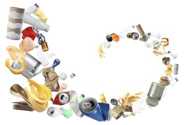 Beyaz arka planda bir sürü farklı çöp uçuşuyor.