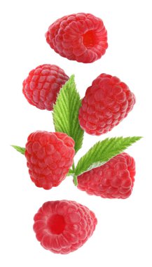 Taze olgun ahududu ve yeşil yapraklar beyaz arka plana dökülüyor.