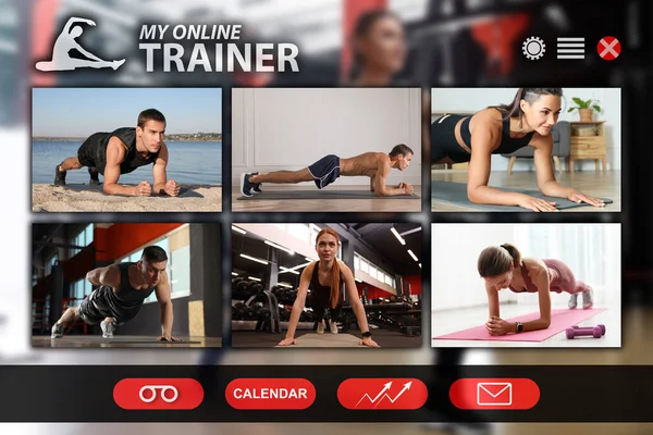 Personal trainer online. Website or application interface with different coaches
