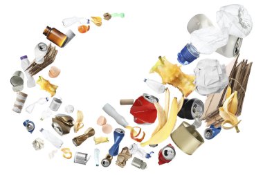 Beyaz arka planda bir sürü farklı çöp uçuşuyor.