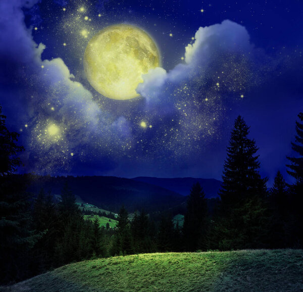 Beautiful landscape with full moon in starry sky at night