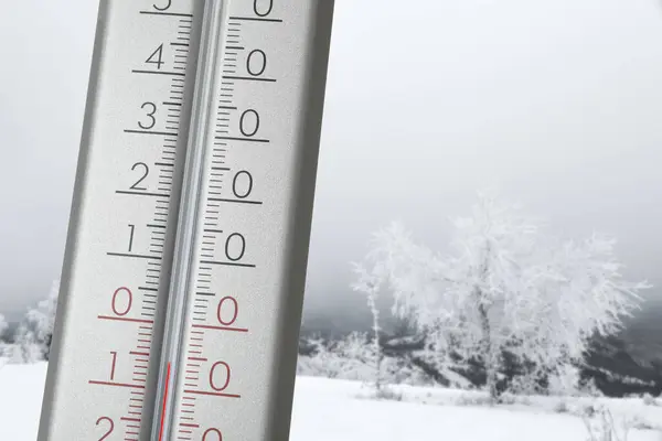 Weather thermometer outdoors on winter day, closeup. Space for text
