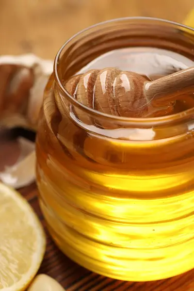 Jar Honey Dipper Table Closeup Stock Image