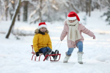 Küçük kız kardeşiyle birlikte kış parkında kızak çekiyor.