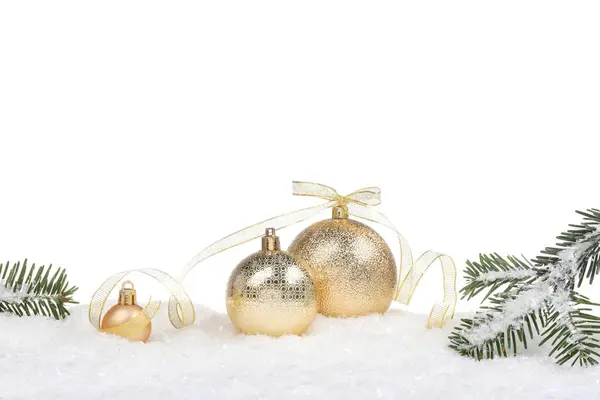 Beautiful Golden Christmas Balls Bow Fir Tree Branches Snow White — Stock Photo, Image