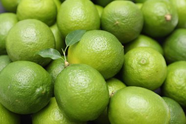 Arkaplan olarak yeşil yapraklı birçok taze limon, yakın plan