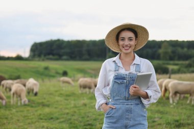 Smiling woman with tablet on pasture at farm. Space for text clipart