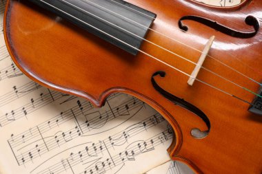 Müzik sayfaları üzerinde klasik keman, üst görünüm