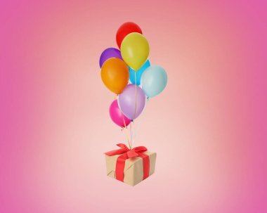 Birçok balon pembe arka planda hediye kutusuna bağlı