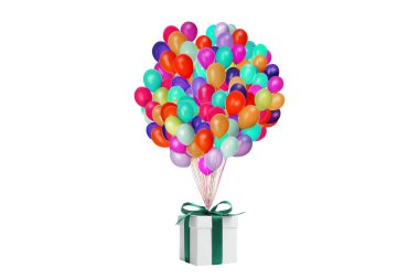 Beyaz arkaplanda hediye kutusuna bağlı bir sürü balon