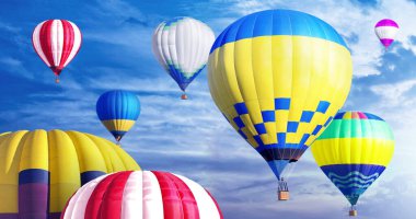 Gökyüzünde bir sürü parlak sıcak hava balonu uçuşuyor, afiş tasarımı