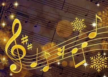 Üçlü anahtar, notalar, kar taneleri ve müzik sembollü çarşaf. Bokeh etkisi