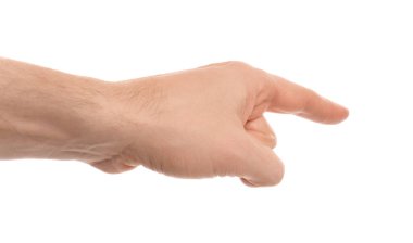 Beyaz arkaplanda işaret parmağı olan adam, yakın plan