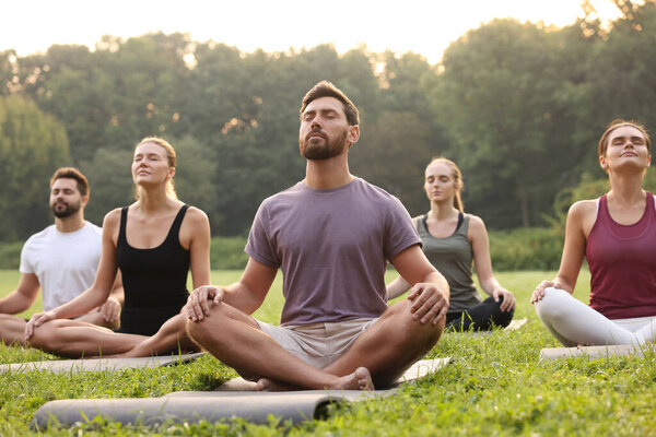 Group of people practicing yoga on mats outdoors. Lotus pose