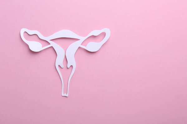 Reproductive medicine. Paper uterus on pink background, top view with space for text
