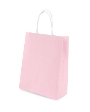 Bir açık pembe kağıt alışveriş çantası beyaza izole edilmiş.