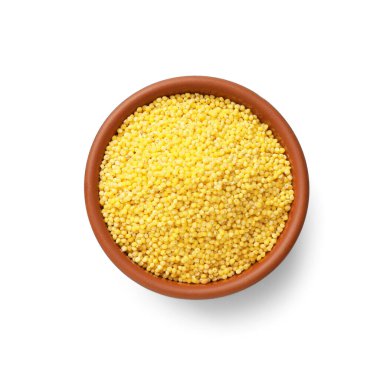 Beyaz kasede kuru darı tohumları, üst manzara