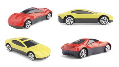 Farklı oyuncak arabalar beyaz, farklı taraflarda izole edilmiş