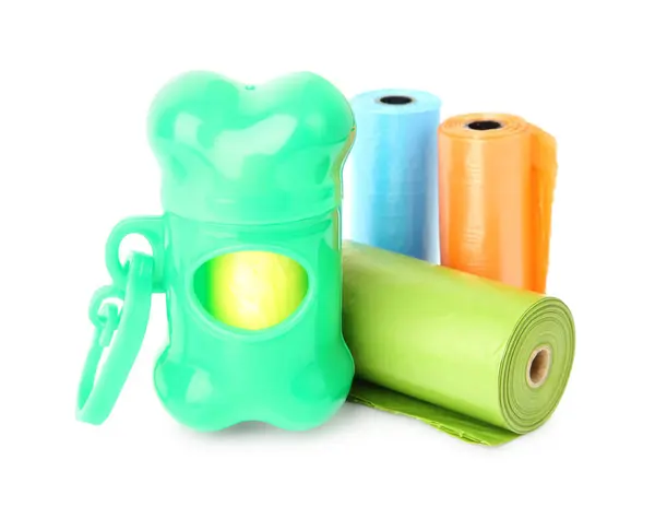 Rolls Colorful Dog Poop Bags Holder Isolated White — Stock Photo, Image