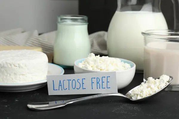 Many different dairy products and card with phrase Lactose free on black textured table, closeup