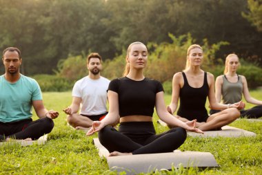 Dışarıdaki minderlerde yoga yapan bir grup insan. Lotus pozu