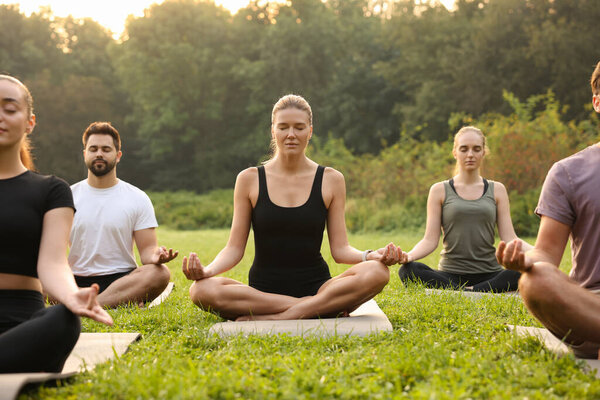 Group of people practicing yoga on mats outdoors. Lotus pose
