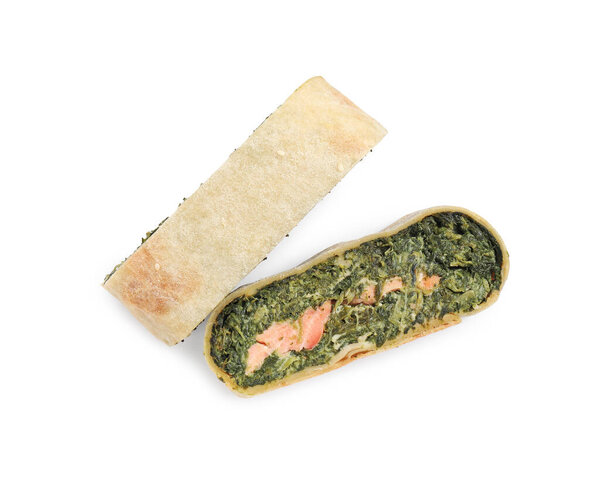 Pieces of delicious strudel with salmon and spinach isolated on white, top view