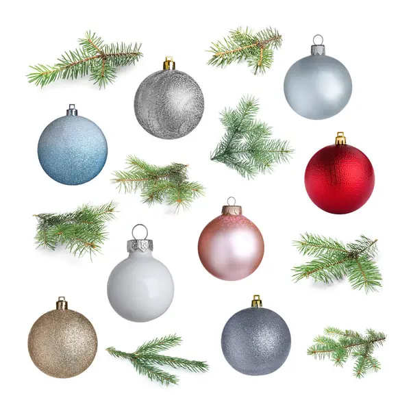Christmas Balls Fir Tree Branches Isolated White — Stock Photo, Image