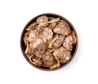 Lezzetli kızarmış tavuk ciğeri, soğanlı, beyaz, üst manzaralı.