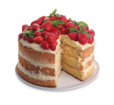 Taze çilekli lezzetli pasta ve beyaz üzerine izole edilmiş nane şekeri.