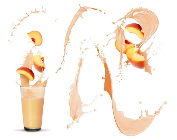 Ripe peach, drink and splashes of juice on white background, set
