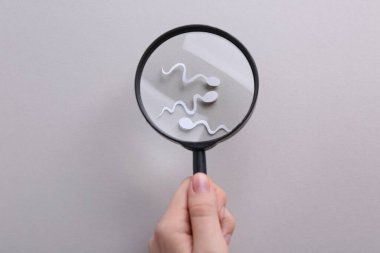Üreme tıbbı. Kadın sperm hücrelerine gri arka planda büyüteçle bakıyor.