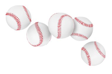Birçok beyzbol topu beyaz arka planda uçuyor.