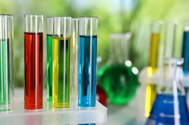 Sıvı içeren test tüpleri bulanık arka plana karşı ayakta duruyor, yakın plan
