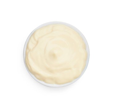 Tasty mayonnaise in bowl isolated on white, top view