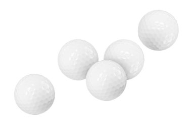 Birçok golf topu beyaz arka planda uçuyor