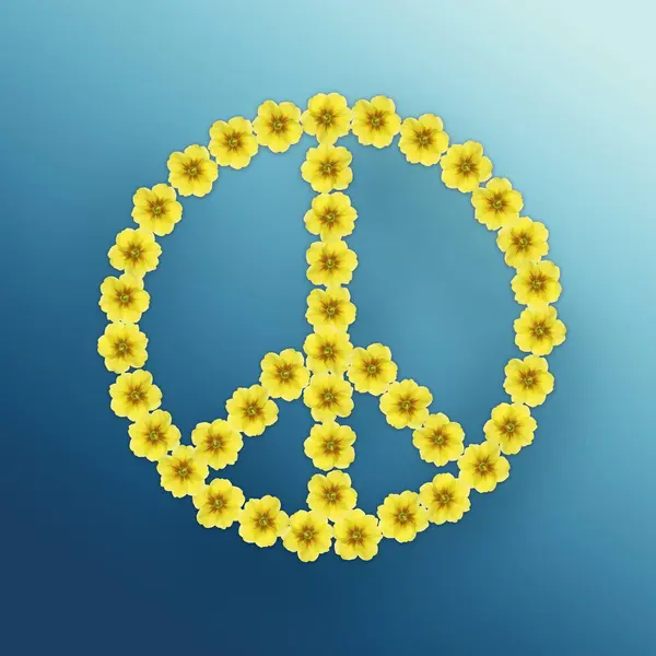 Hippie peace symbol made of yellow primula flowers on light blue gradient background