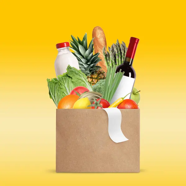 Paper bag with different products and receipt on golden gradient background