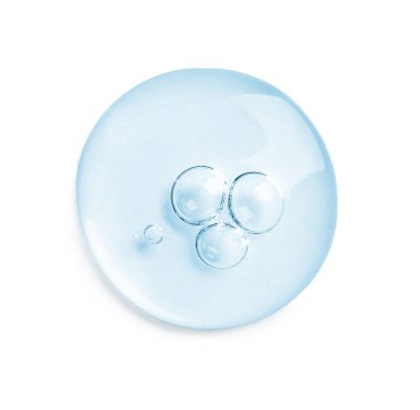 Beyaz arka planda serum düşüşü, üst görünüm. Cilt bakım ürünü