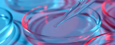 Laboratuvar analizi. Pipetteden petri kabına sıvı damlatıyor, yakın plan. Pankart tasarımı