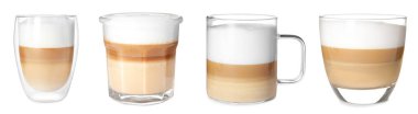 Beyaz arka planda farklı bardaklarda lezzetli latte macchiato.