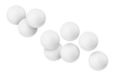 Birçok golf topu beyaz arka planda uçuyor