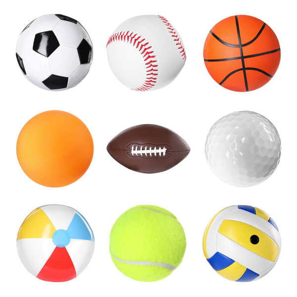 Различные мячи для различных видов спорта изолированы на белом, коллекция