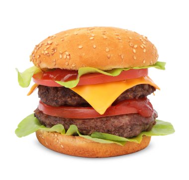 Köfteli ve domatesli leziz bir cheeseburger.