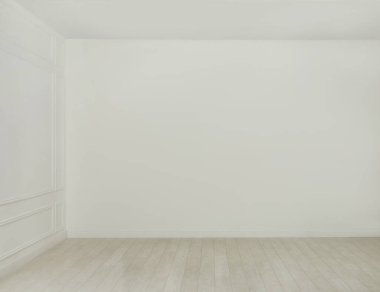 Beyaz duvarları ve kaplamalı döşemeleri olan boş bir oda.